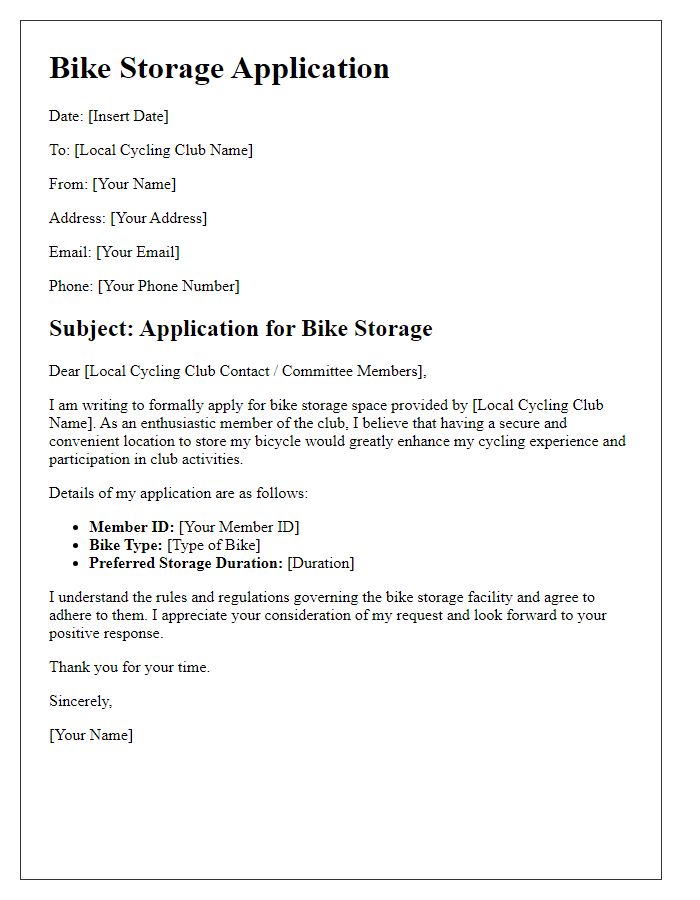 Letter template of bike storage application for local cycling club members