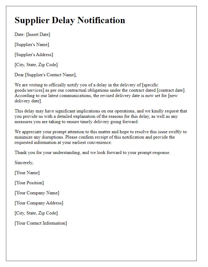 Letter template of supplier delay notification for contractual obligations