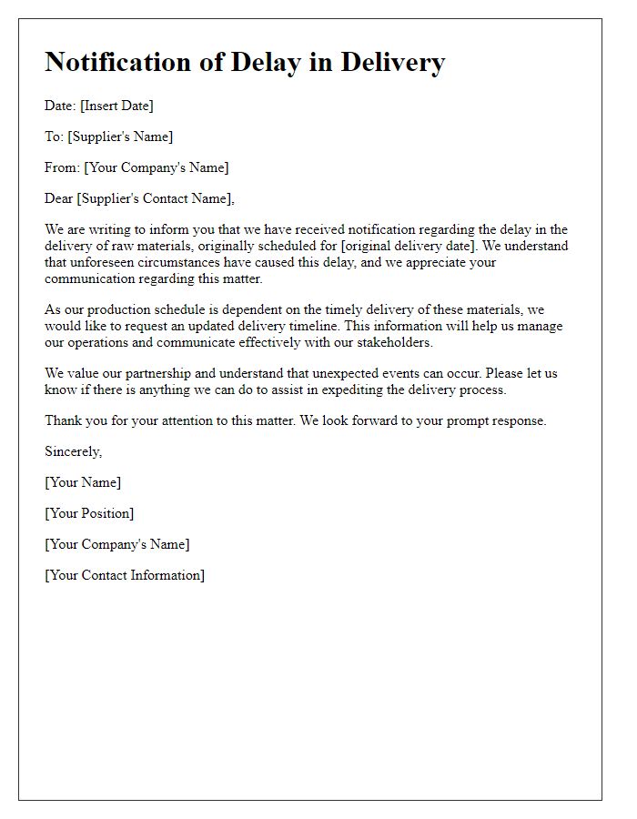 Letter template of supplier delay notification for delivery of raw materials