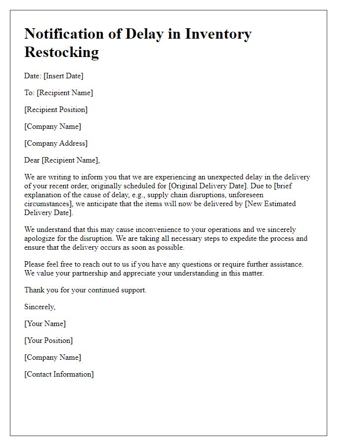 Letter template of supplier delay notification for inventory restocking