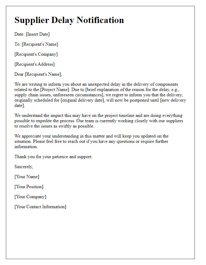 Letter template of supplier delay notification for project components