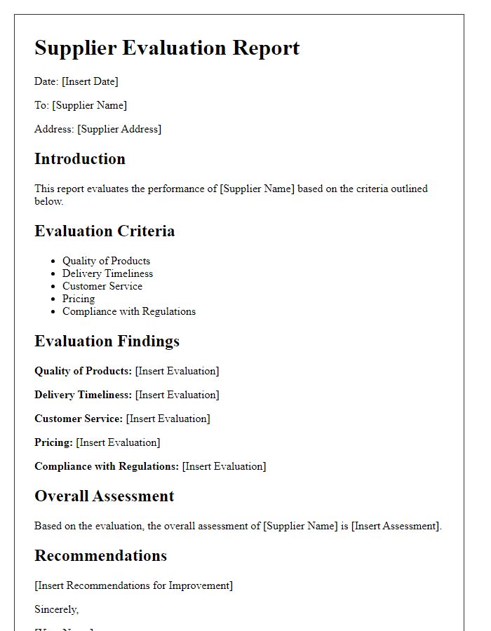 Letter template of supplier evaluation report