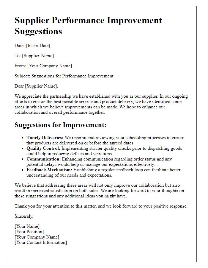 Letter template of supplier performance improvement suggestions