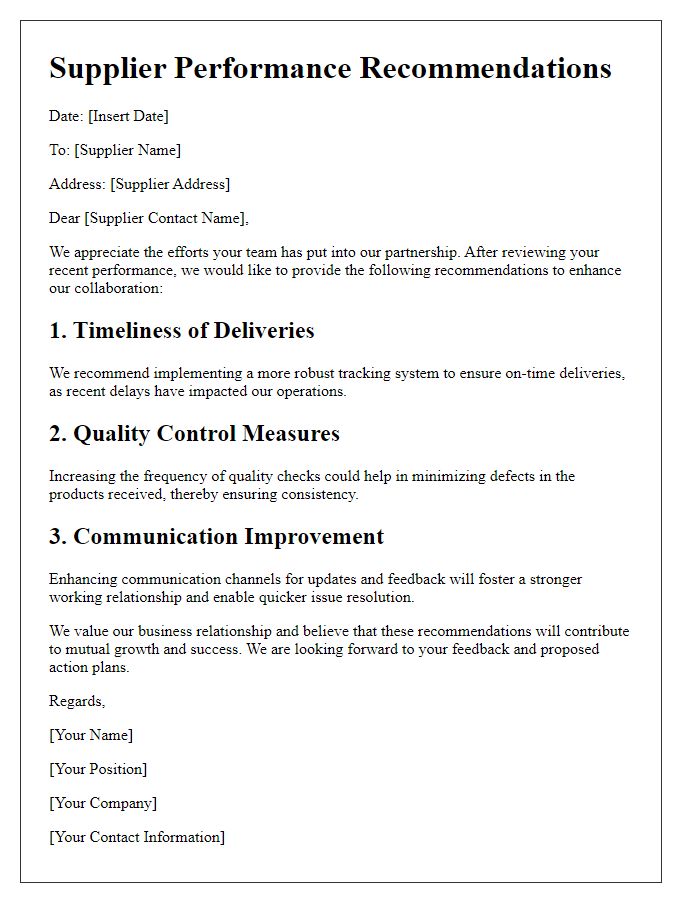 Letter template of supplier performance recommendations