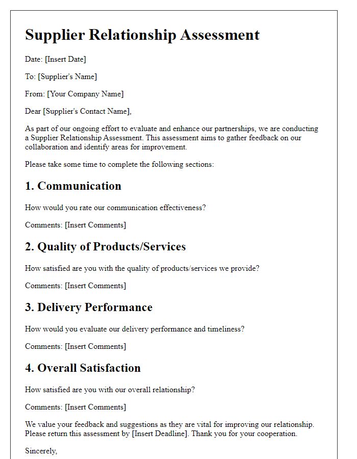 Letter template of supplier relationship assessment