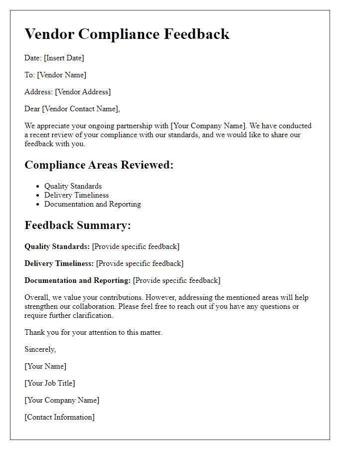 Letter template of vendor compliance feedback