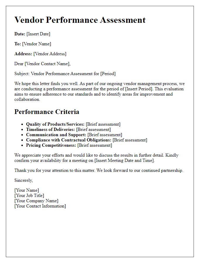 Letter template of vendor performance assessment