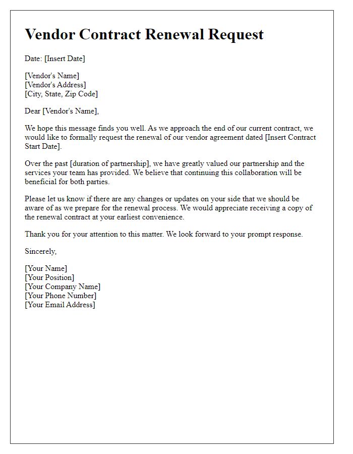 Letter template of vendor contract renewal request.