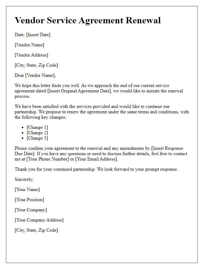 Letter template of vendor service agreement renewal.