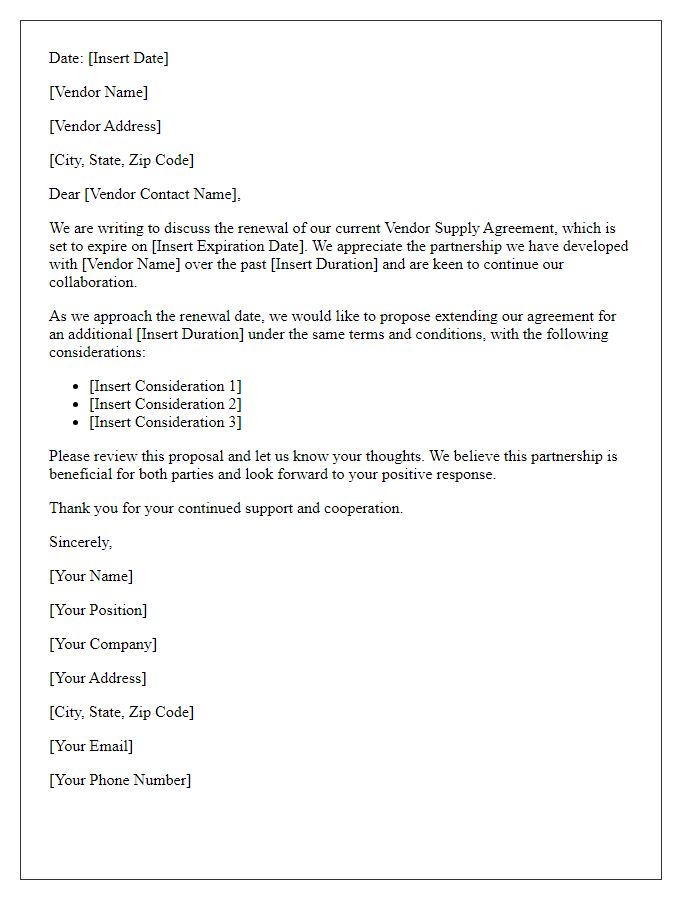 Letter template of vendor supply agreement renewal.