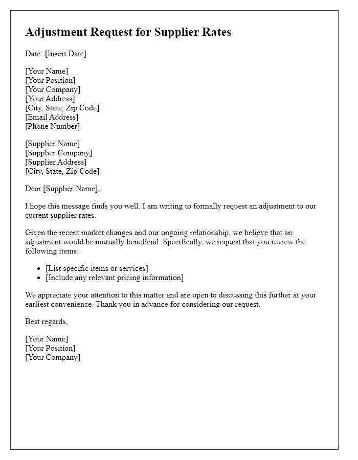 Letter template of Adjustment Request for Supplier Rates