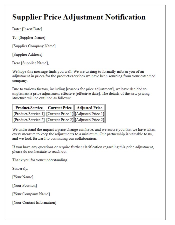 Letter template of Supplier Price Adjustment Notification