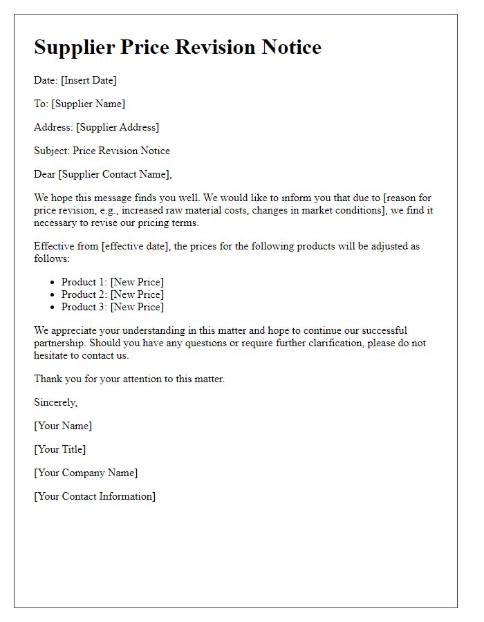 Letter template of Supplier Price Revision Notice