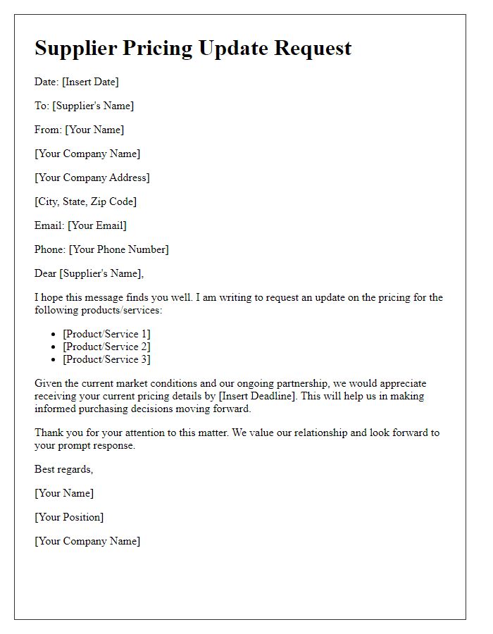 Letter template of Supplier Pricing Update Request