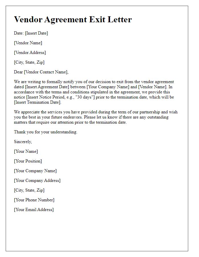 Letter template of vendor agreement exit