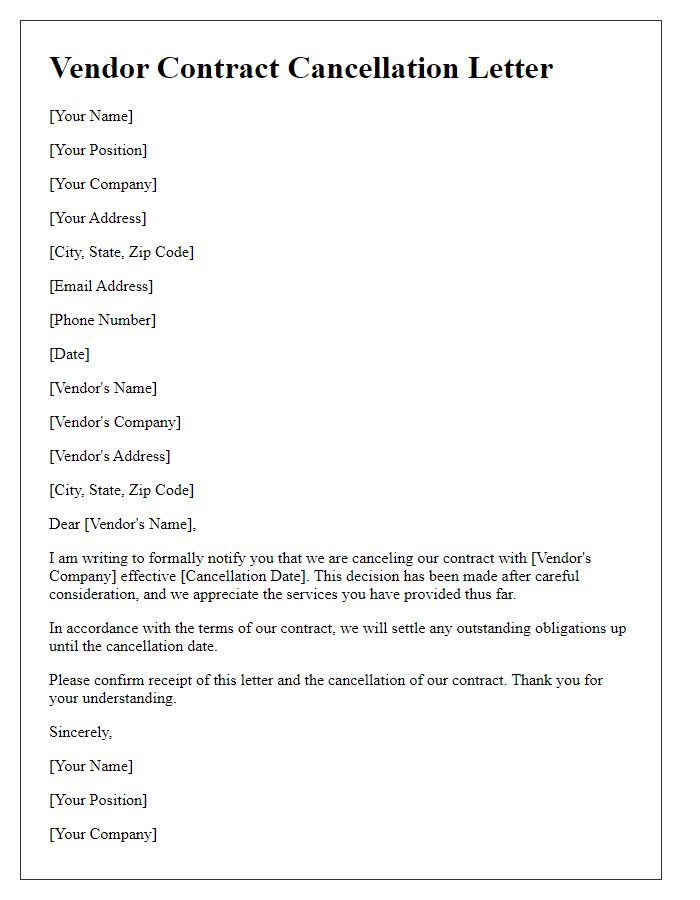 Letter template of vendor contract cancellation