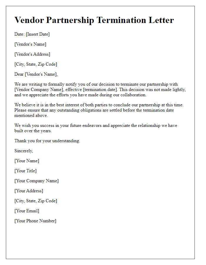 Letter template of vendor partnership termination