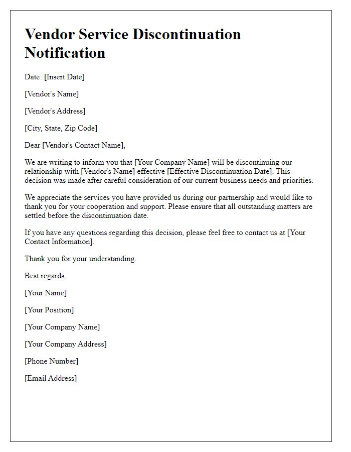 Letter template of vendor service discontinuation