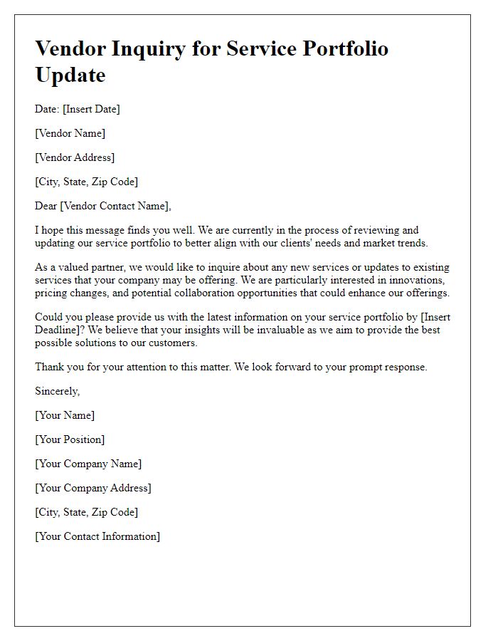 Letter template of vendor inquiry aimed at updating service portfolio.