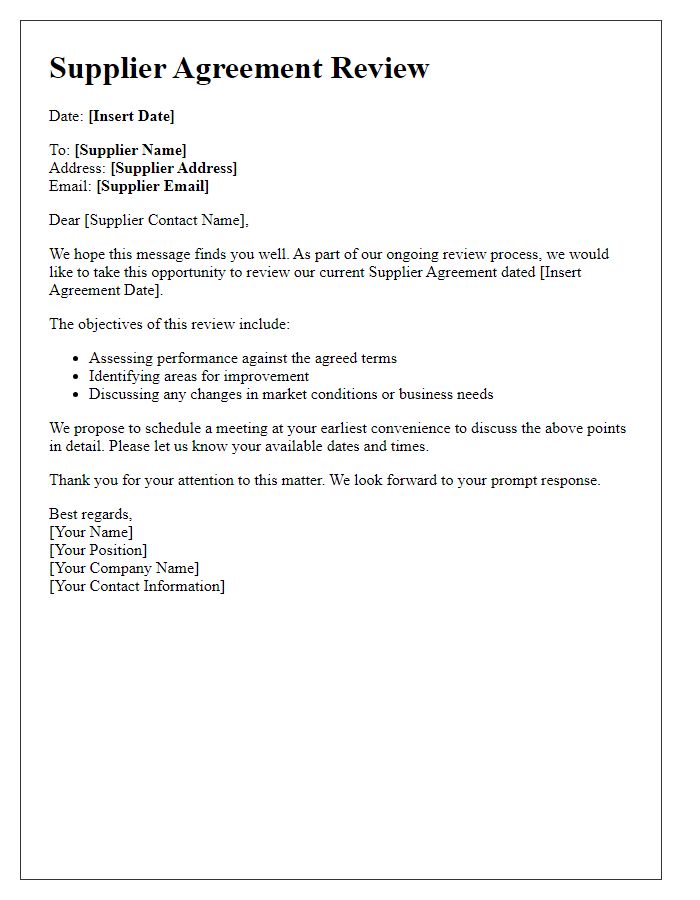 Letter template of Supplier Agreement Review