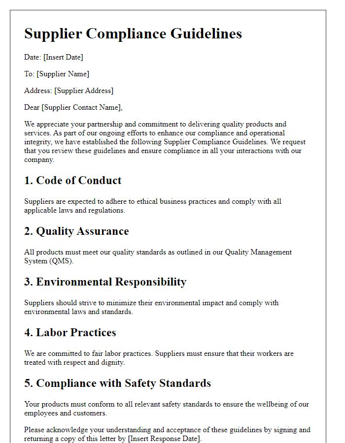 Letter template of Supplier Compliance Guidelines