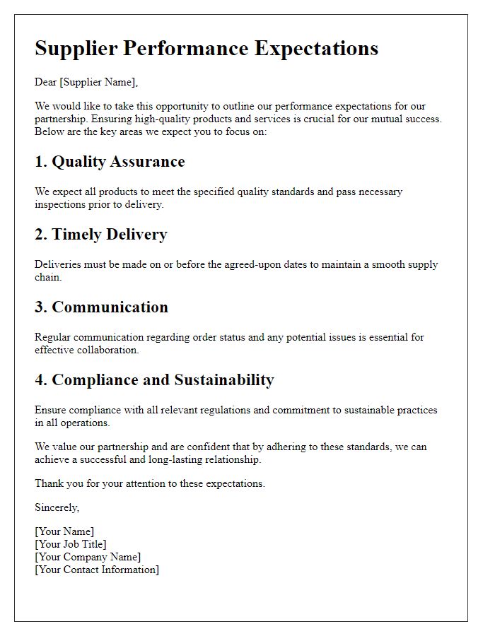 Letter template of Supplier Performance Expectations