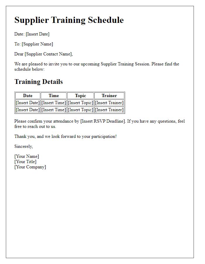 Letter template of Supplier Training Schedule