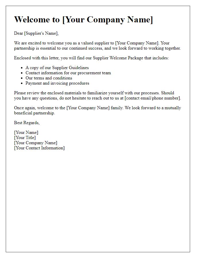 Letter template of Supplier Welcome Package