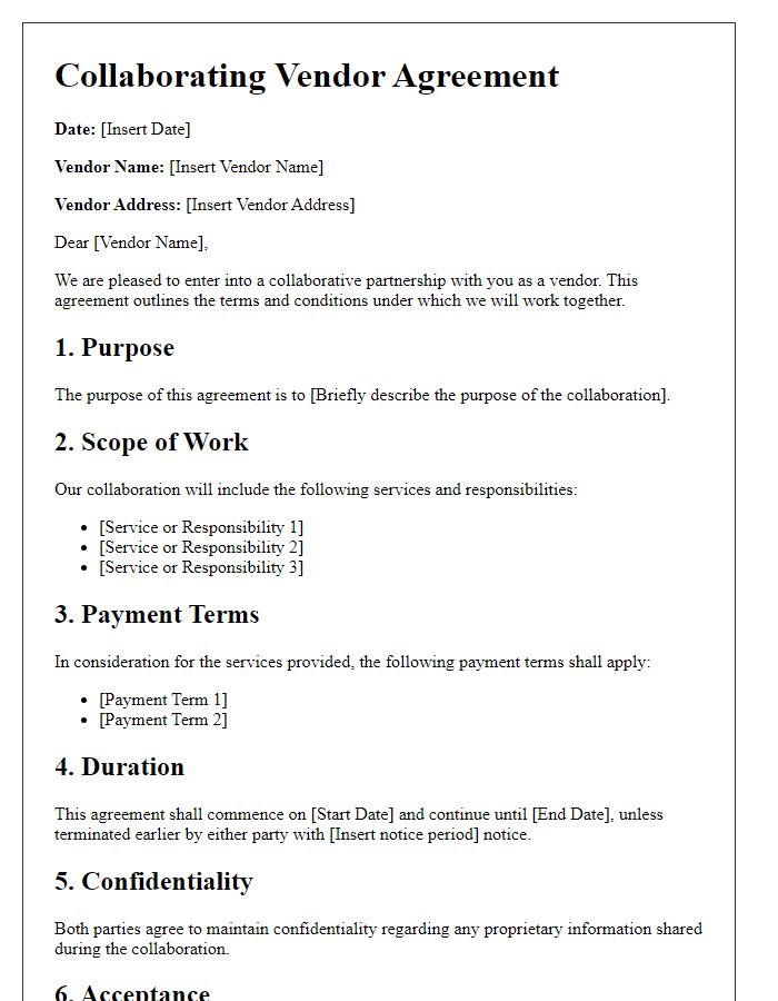 Letter template of Collaborating Vendor Agreement