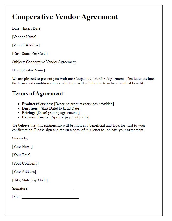 Letter template of Cooperative Vendor Agreement