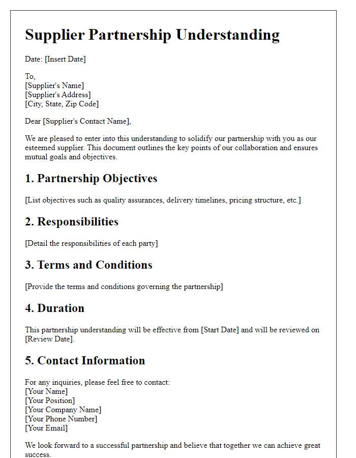 Letter template of Supplier Partnership Understanding