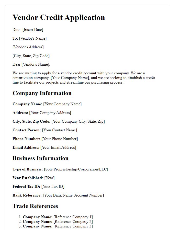 Letter template of vendor credit application for construction companies