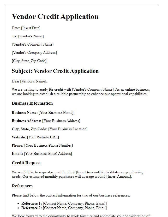 Letter template of vendor credit application for online businesses