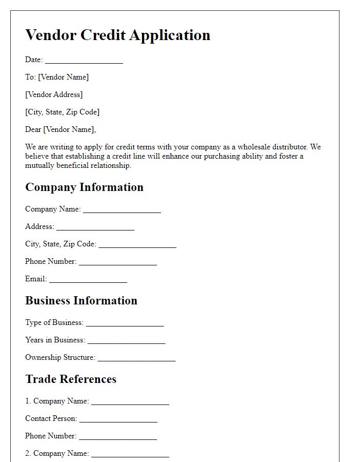 Letter template of vendor credit application for wholesale distributors