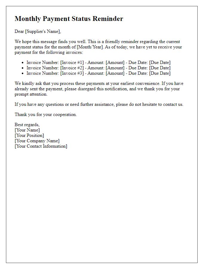 Letter template of Monthly Payment Status Reminder for Suppliers