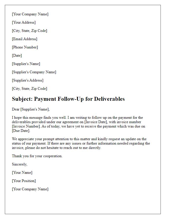 Letter template of Payment Follow-Up for Supplier Deliverables