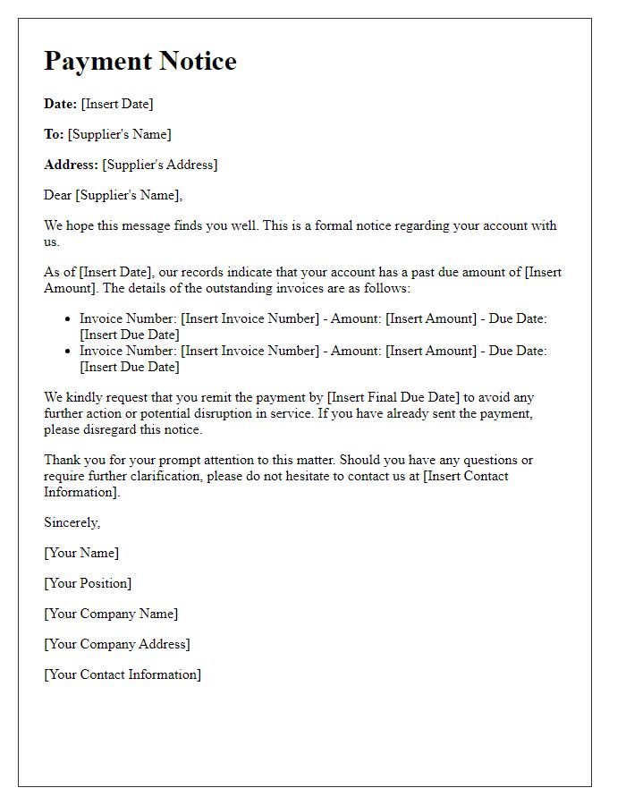 Letter template of Payment Notice to Supplier for Past Due Amount