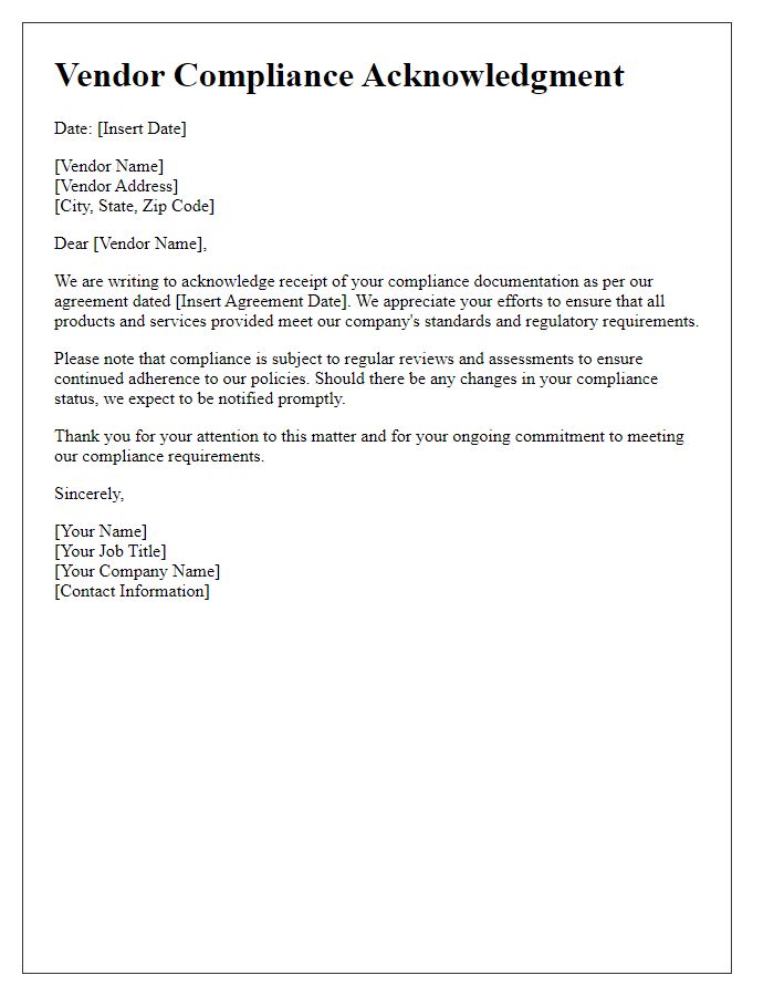 Letter template of vendor compliance acknowledgment.