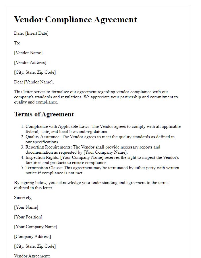 Letter template of vendor compliance agreement.