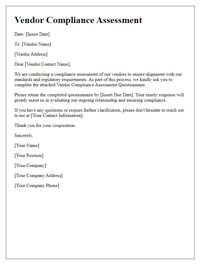 Letter template of vendor compliance assessment.