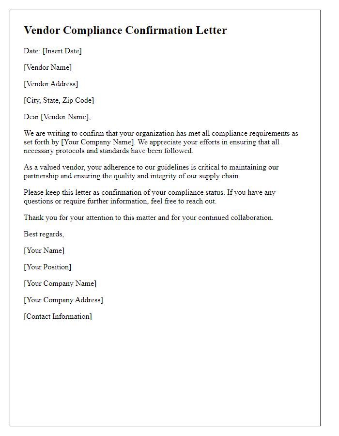 Letter template of vendor compliance confirmation.