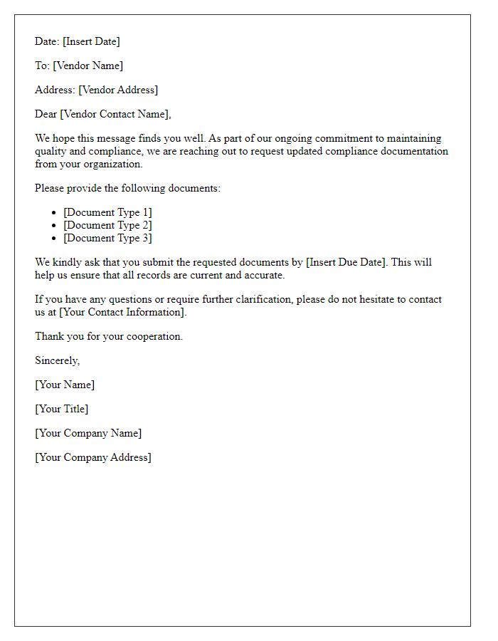 Letter template of vendor compliance documentation request.