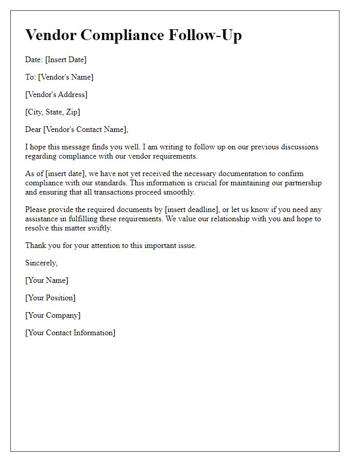 Letter template of vendor compliance follow-up.