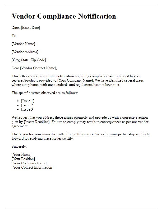Letter template of vendor compliance notification.