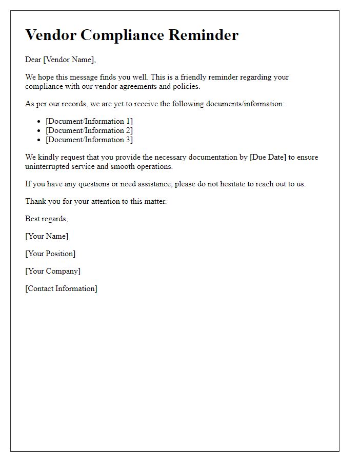 Letter template of vendor compliance reminder.