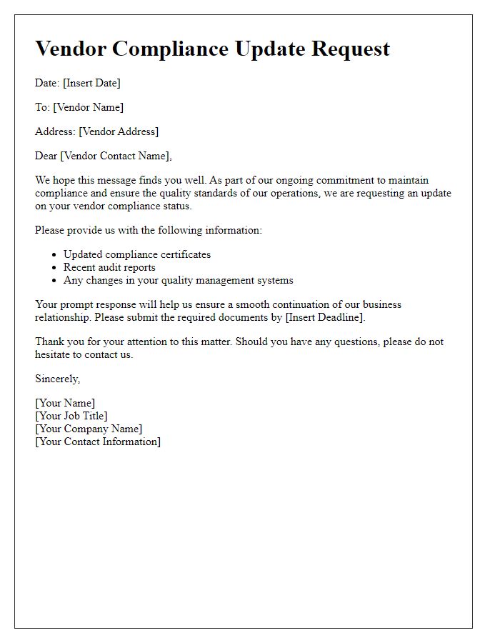 Letter template of vendor compliance update request.
