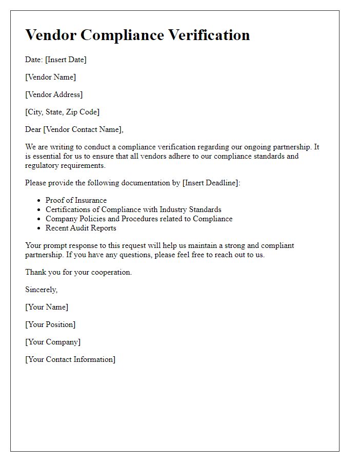 Letter template of vendor compliance verification.