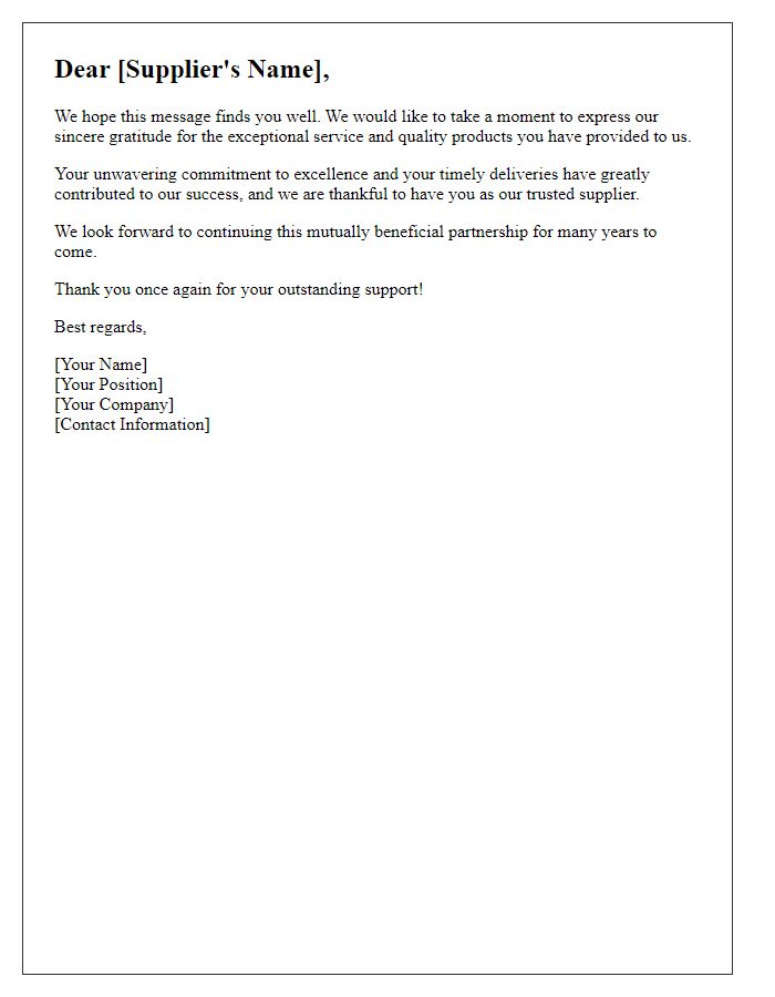 Letter template of supplier gratitude message