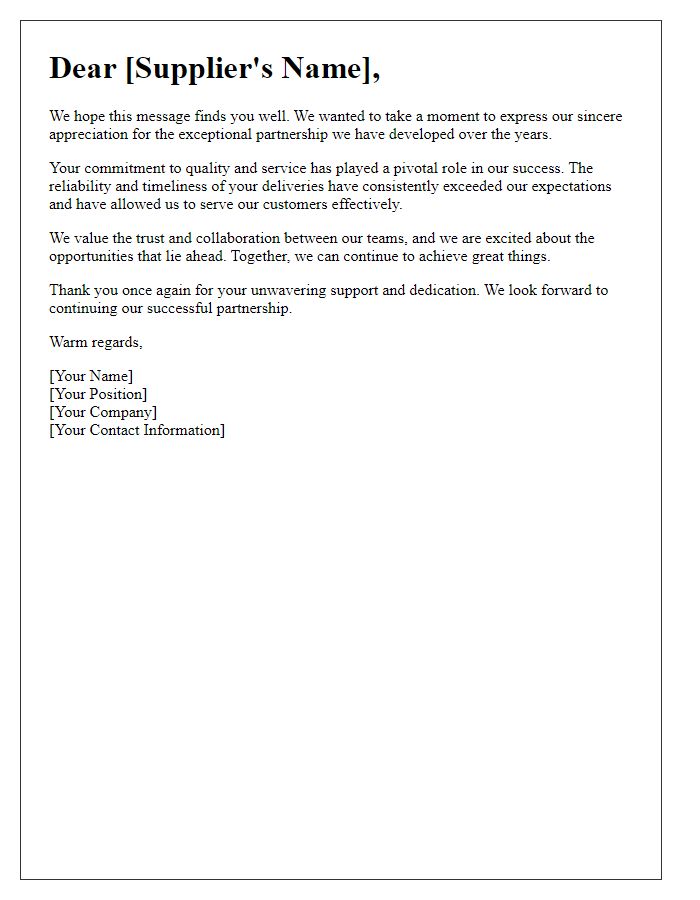 Letter template of supplier partnership appreciation