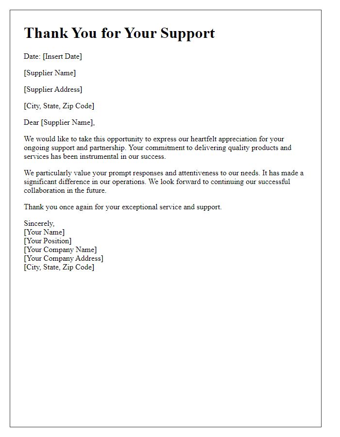 Letter template of supplier support thank you